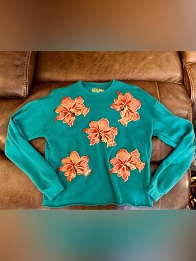 Beyond Shimmer by Anagails Teal/Green poinsettia Appliqué Crewneck Sweatshirt